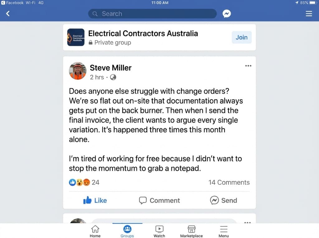 Facebook group post about change orders