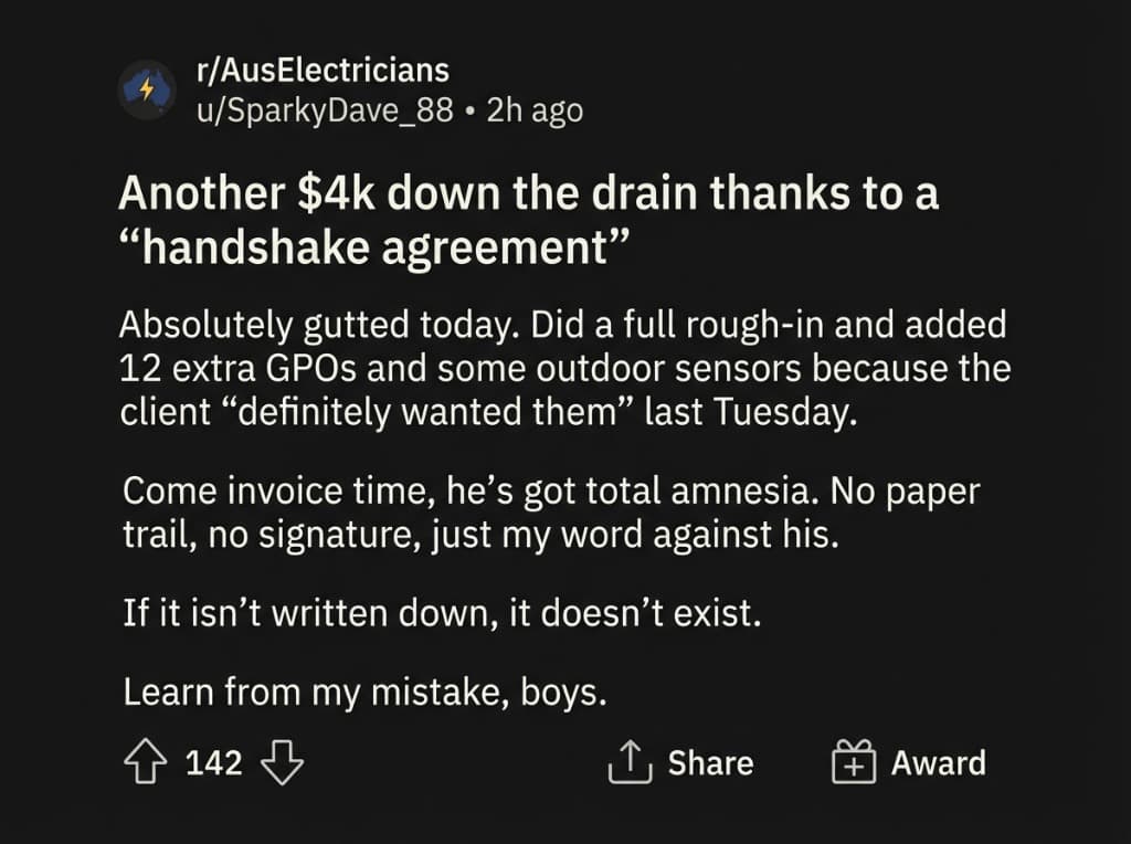 Reddit electrician discussion about unpaid work